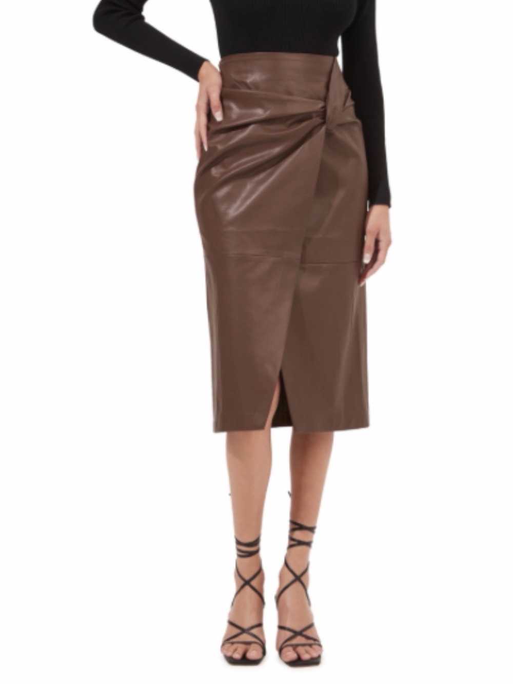 Astr Brown Faux Leather Knot-Front Pencil Skirt
